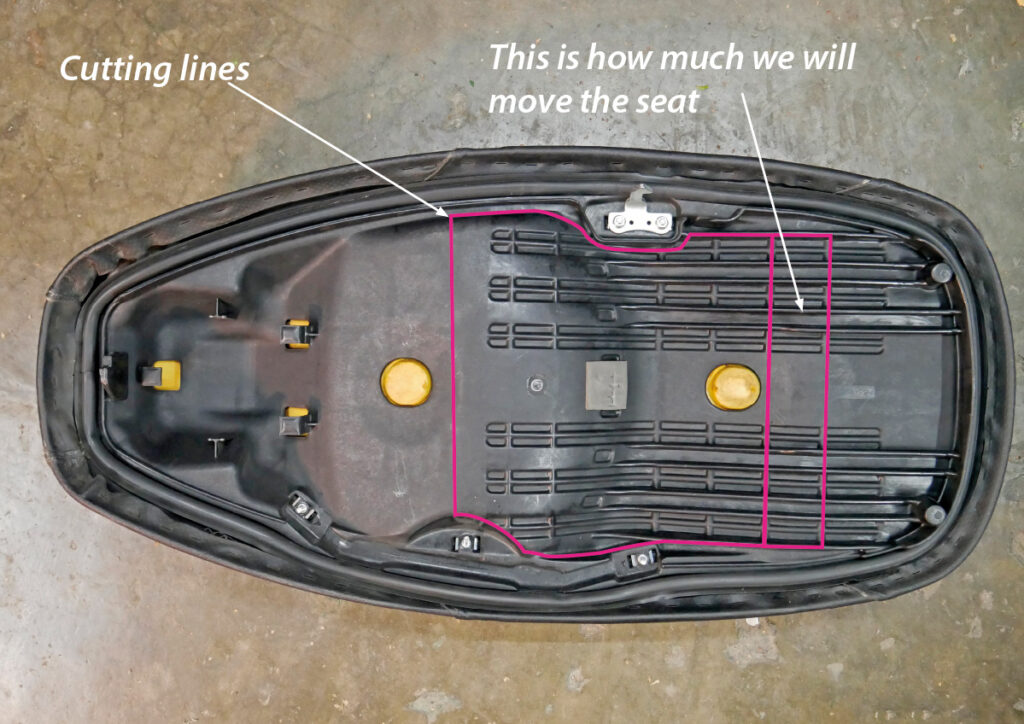 Honda S-Wing seat, how to cut seat's plastics, cutting lines shown on seat photo.