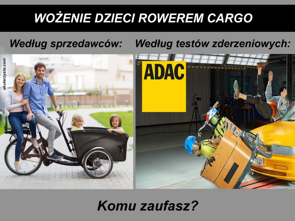 Obrazek reklamowy roweru cargo i screen z testu zderzeniowego ADAC.